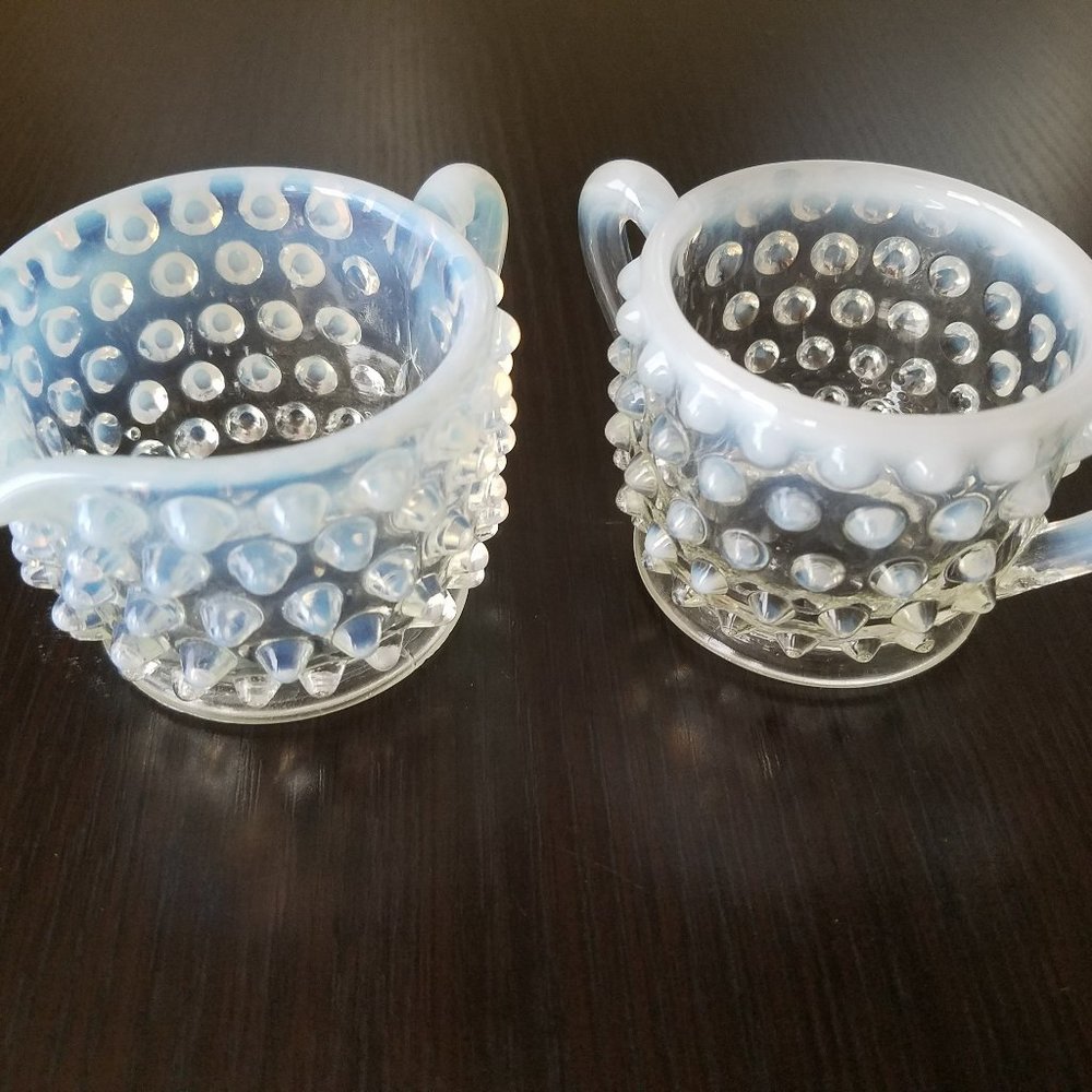 Fenton Glass Ombre Opalescent Hobnail Moonstone Mini Creamer Sugar Bowl Set